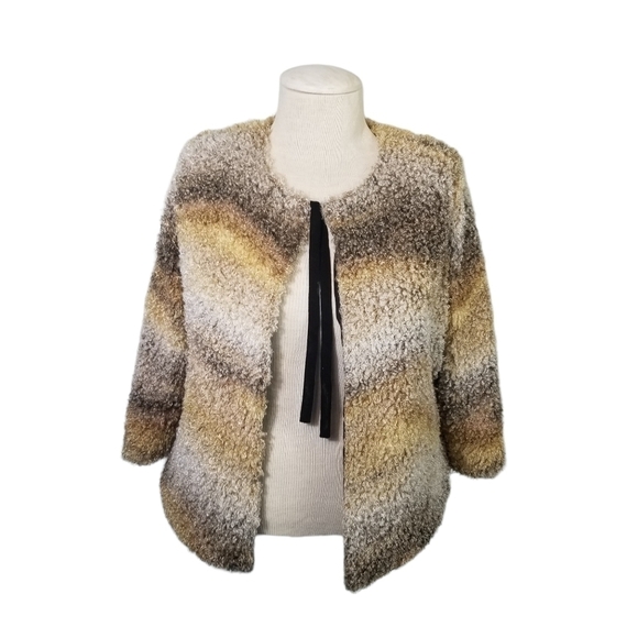 Exclusively Misook SZ XL Jacket Tan Grey Soft Fuzzy Lightweight 3/4 Sleeve FLAW - Picture 1 of 9